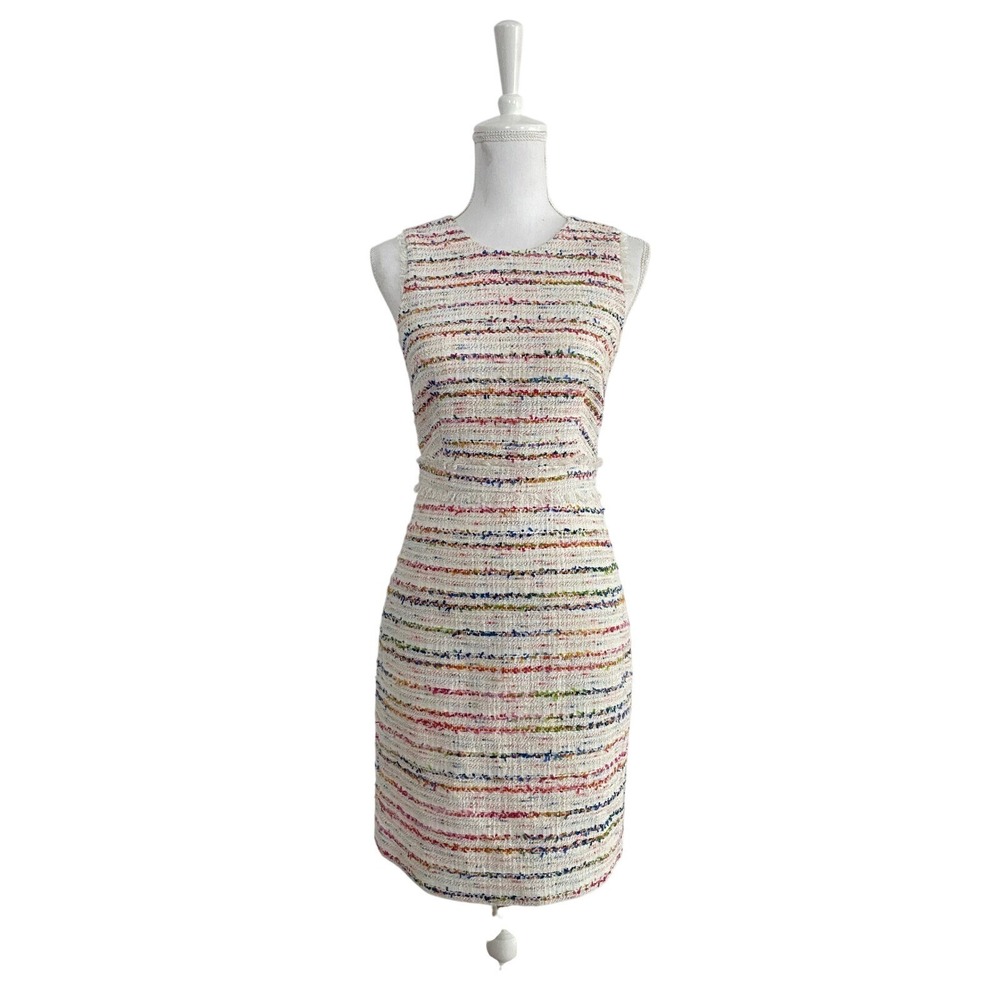 J. Crew Multi Color Tweed Sheath Dress Rainbow Boucle Sleeveless Fringe Wedding